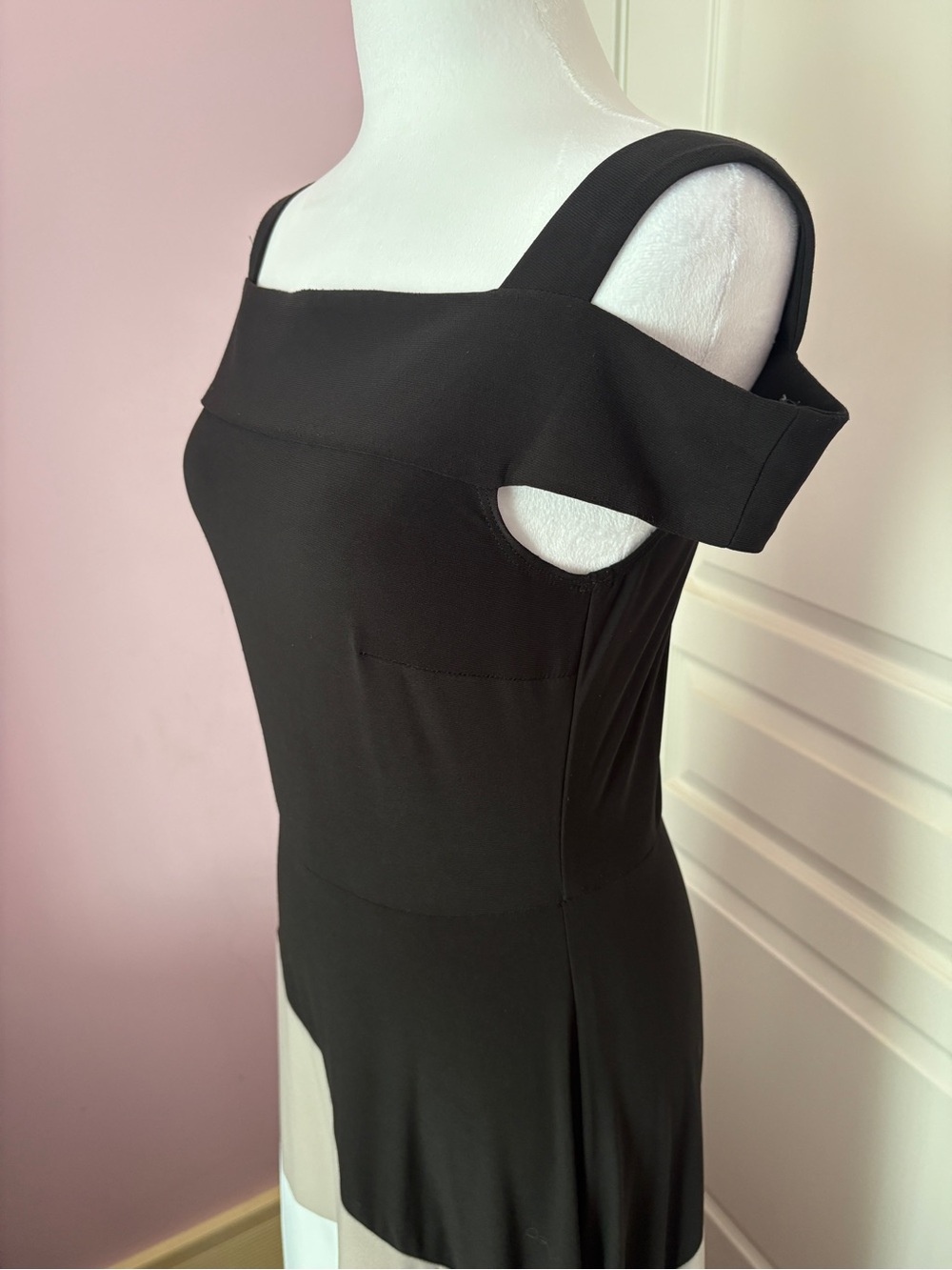 Colorblock Off-Shoulder Maxi Dress in Black, Taupe & White - Picture 3 of 5
